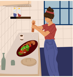 Woman Cooking In Kitchen Female Preparing Food