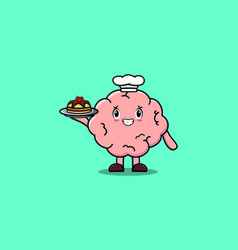 Cute Cartoon Chef Brain Serving Cake On Tray