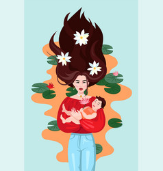 Asian Mother With Son And Lotus Flowers