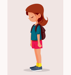 Unhappy Student Girl Wearing Her Backpack Cartoon