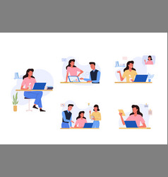 Office Working Process Set Woman Sitting