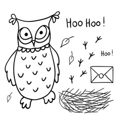 Cute Cartoon Wise Owl With Mail Nest Footprints