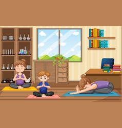 Family Doing Yoga In Yoga Studio Scene