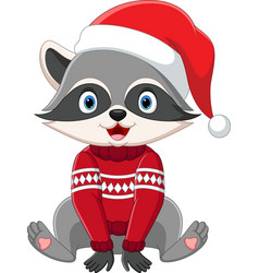 Cartoon Raccoon In Sweater And Santa Hat