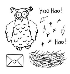 Cute Cartoon Wise Owl With Mail Nest Footprints