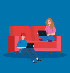 Couple Working In Telecommuting Sitting In Couch