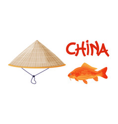 Conical Chinese Straw Hat And Koi Orange Carp