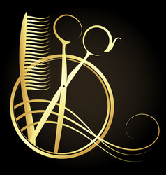 Gold Scissors Comb And Hair Curl In A Round Frame