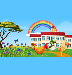 School Building And Many Animals