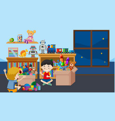 Scene with two boys playing toys in room Vector Image