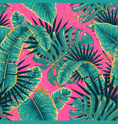 Seamless Pattern With Gold And Green Tropic Leaves