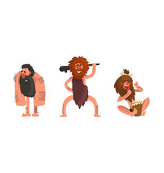 Primitive Caveman Characters Set Funny Stone Age