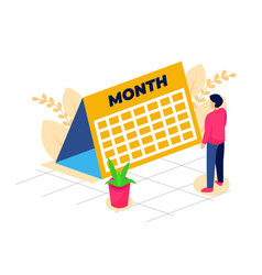 Young Man Looking Virtual Calendar Isometric