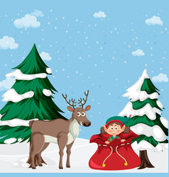 Christmas Background With Reindeer And Elf