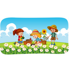 Children Planting Flowers In Garden