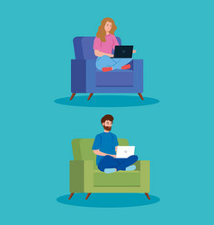 Couple Working In Telecommuting Sitting In Couch