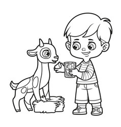 Cute Cartoon Boy Feed Goat With Carrot And Salad