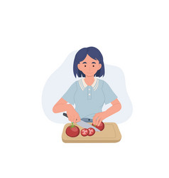 Woman Preparing And Slicing Fresh Vegetables