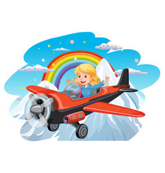 Girl Pilot Flying Airplane Over The Mountain