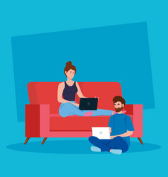 Couple Working In Telecommuting Sitting In Couch