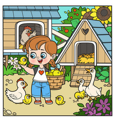 Cute Cartoon Girl Feed Chickens On The Farm Color