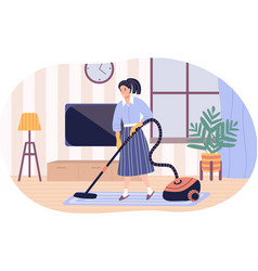 Woman Cleaning Floor And Carpet With Vacuum