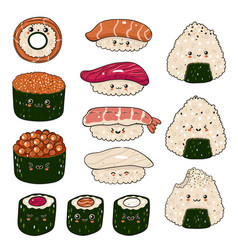 Set Of Kawaii Sushi And Onigiri Isolated On White