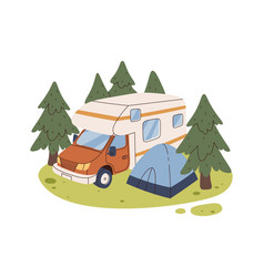 Camping Car With Tent In Forest