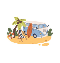 Camping Car With Surfboard On Beach