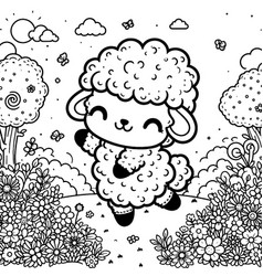 Cartoon Farm Animal Sheep In The Garden Children