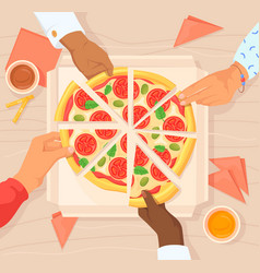 Hands Taking Pizza Party Eating Dinner Share