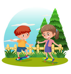 Two Kids Playing Skateboard In The Park