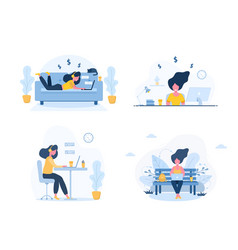 Work From Home Set Of Women Freelancer Concept