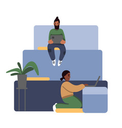 Workers Sitting On Modern Couch And Working