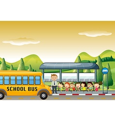 Children Getting On School Bus At Bus Stop