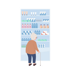 Old Woman With Walking Cane Looking At Drugstore