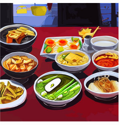 Asian Food Engraved On The Table Noodle Dishes At