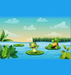 A Pond Scene With Frog And Turtle