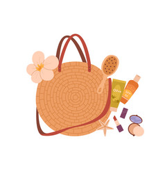 Round Straw Bag With Summer Beach Essentials