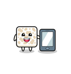 Tempeh Cartoon Holding A Smartphone