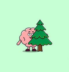 Cute Cartoon Brain Character Hiding Tree