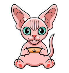 Cute Sphynx Cat Cartoon Holding Food Bowl