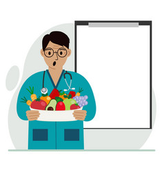 Male Doctor With A Plate Of Vegetables And Fruits