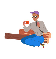 Man In Baseball Cap And Sunglasses Sitting