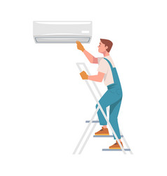 Man Character On Ladder Install Air Conditioner