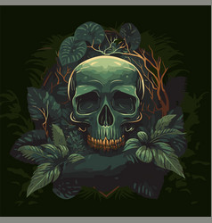 Tropical Skull Head In Green Floral Jungle