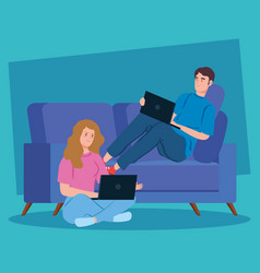 Couple Working In Telecommuting Sitting In Couch