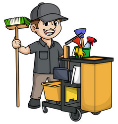 Male Janitor With Cleaning Cart Cartoon Clip Art