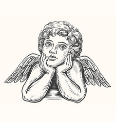 Hand Drawn Pensive Angel Child With Wings Cherub