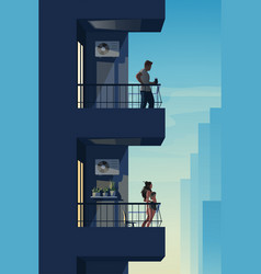 Two Different Neighbors On Balconies At Sunset